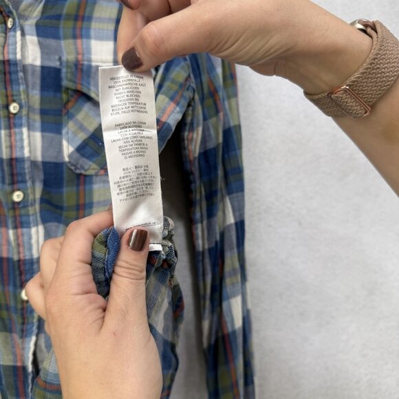 Current/Elliott Shirt Womens Medium Blue Green Plaid Button Down Long Sleeve - Picture 10 of 12